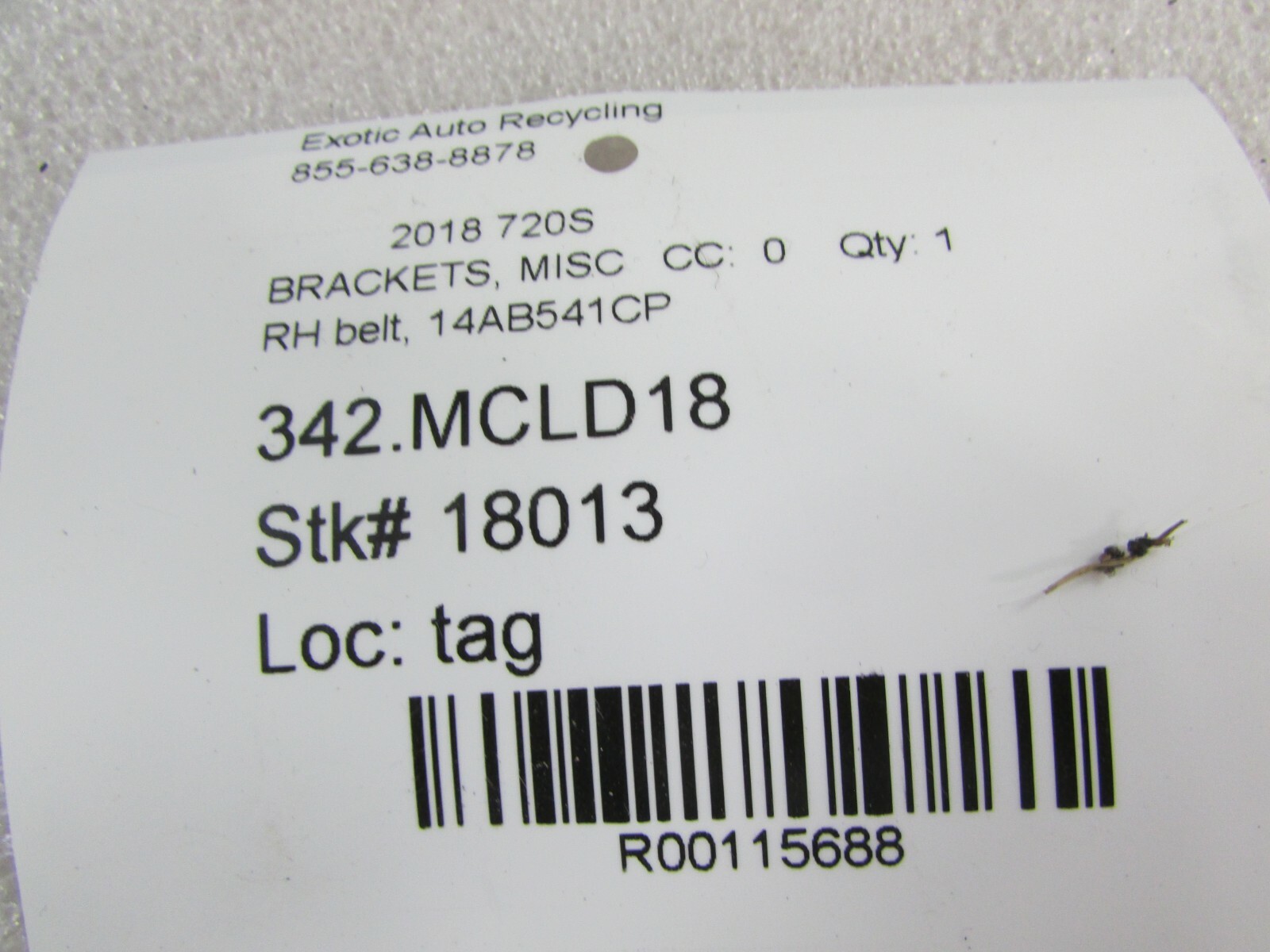 McLaren 720S, RH, Right Seat Belt Bracket, Used, P/N 14AB541CP