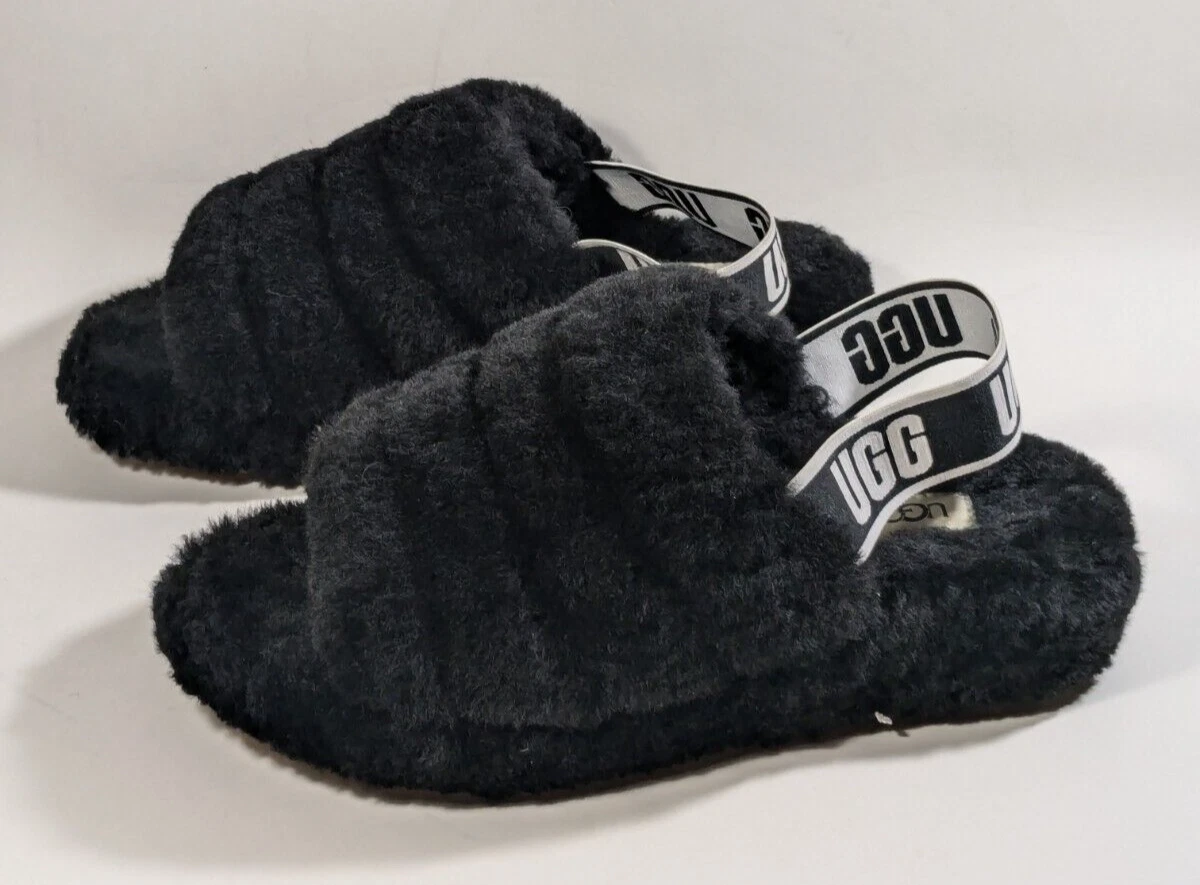 UGG Australia Fluff Yeah sandalo da donna slide taglia US 7 nero pelle di pecora