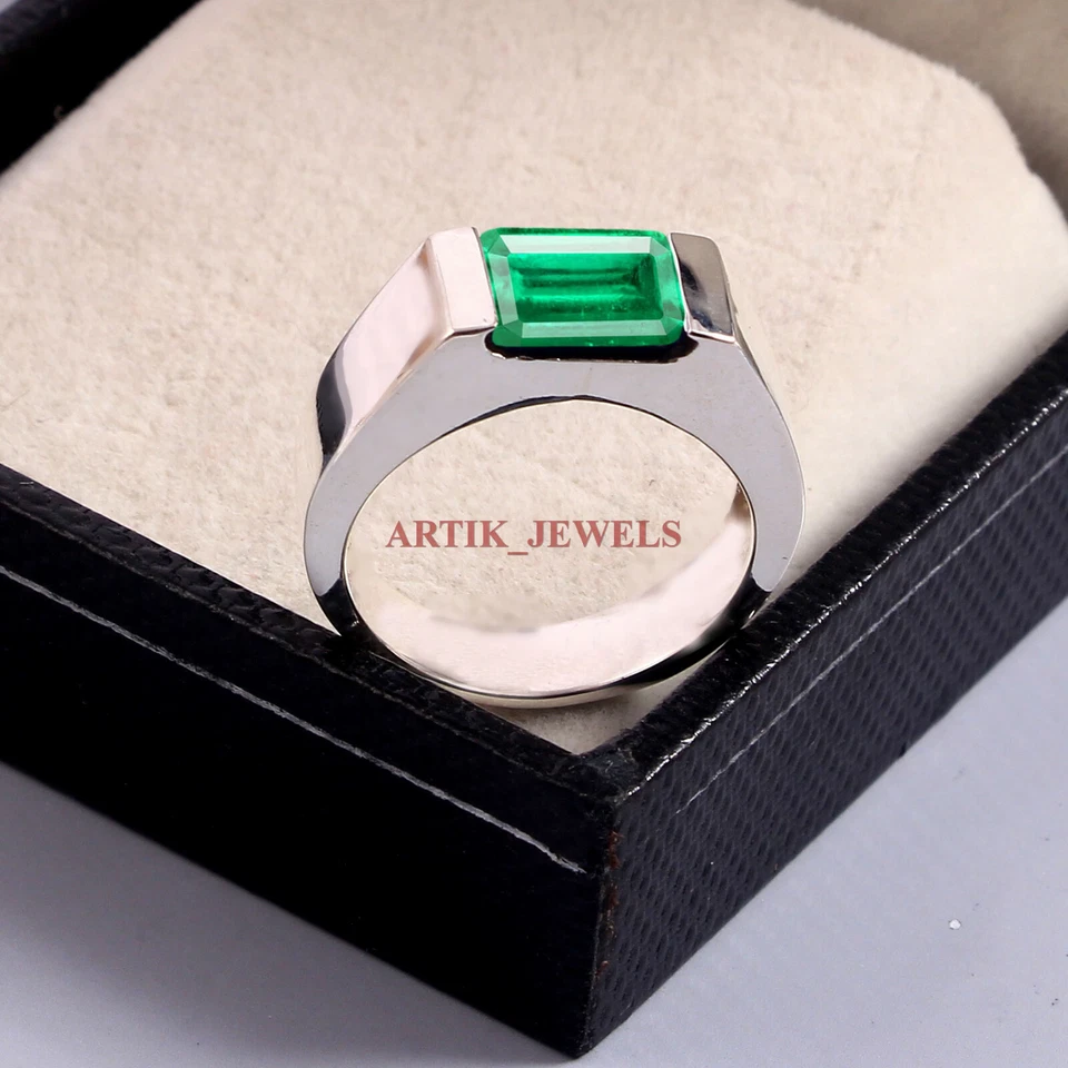 Labor Erstellt Smaragd Edelstein Mit 925 Sterlingsilber Ring für Herren #5740 - Bild 2 von 4