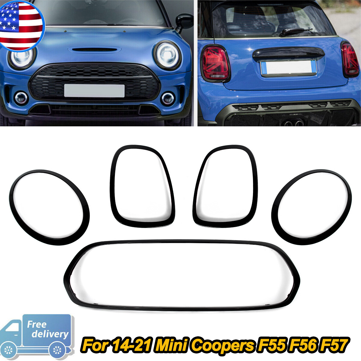 GLOSS BLACK GRILL + HEADLIGHT+ TAILLIGHT TRIM FOR 14-21 MINI COOPER F55 F56 F57