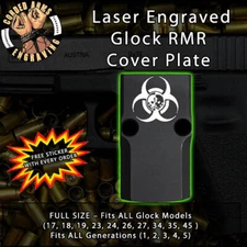 Biohazard Double Skulls - Laser Engraved RMR Cover Plate for Glock 19 17 23