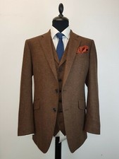Men Brown Herringbone Tweed Vintage Check Prom Groom Tuxedo Wedding Suit Custom