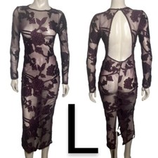 🆕Burgundy Sheer Mesh Flower Detailed Open Back & Back Slit Maxi Dress~Size L