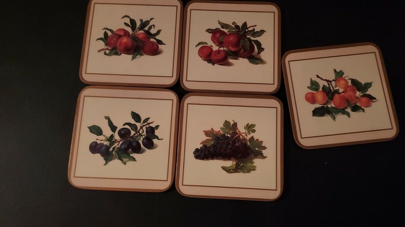 Used Vintage Pimpernel Set of 5 COASTERS Fruit Design Cork 4"x4"
