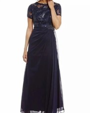 Alex Evenings Navy Sequin  Mesh Draped Short Sleeve Gown Maxi Dress Size 10 NWT