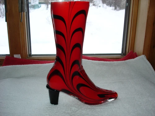 Vintage Murano Glass Boot Vase 12.5 in Height  Red ,Black Swirl - Italy- NICE !!