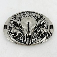 Vintage Buffalo Bison Skull Oval Belt Buckle Southwestern Cowboy 3 1/2" x 2 1/2"