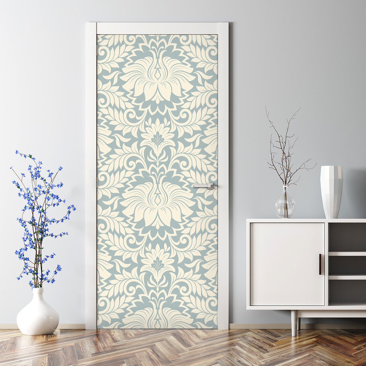 Vintage flower Bubble Free Door sticker white and grey Decal photo mural