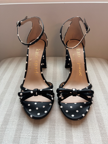 Kate Spade Flamenco Bow Ankle-Strap Sandals Black/White Polka Heels NWT Size 6 - Picture 1 of 9