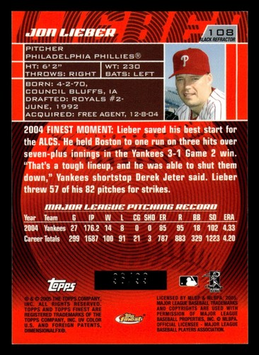 2005 Finest Black Refractor #108 Jon Lieber Phillies /99 - Picture 2 of 2