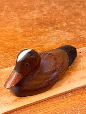 Small Carved Wood Duck Decoy w White Mother of Pearl Inlay on Top Of Head Bird