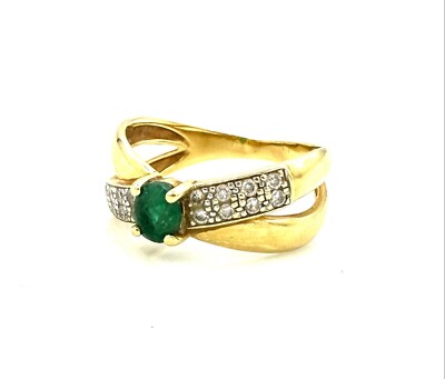 Bague En Or 18 Carats Avec émeraude Et Diamants - 0,32 Ct, Taille 54, 3,33 G, Occasion
