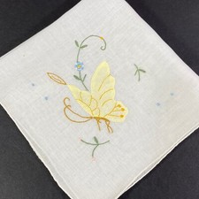 Vintage Delicate Yellow Applique Butterfly Embroidery Handkerchief Hanky 11"x11"