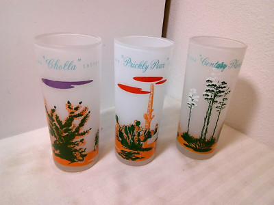 3 VINTAGE ANCHOR HOCKING ARIZONA CACTUS 6 1/2'' FROSTED TUMBLERS GLASSES