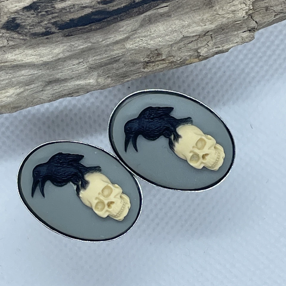 Gemelos camafeo calavera de cuervo gótico steampunk negro plata plata BODA PAPÁ HIJO Foto 3 de 4