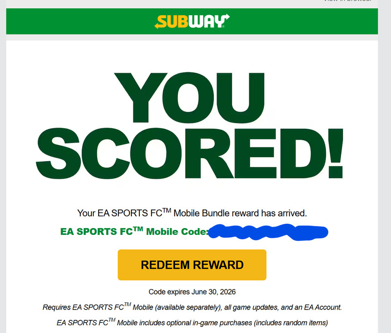 EA SPORTS FC Mobile Code, Subway Promo, Free Delivery Expires June 30, 2026