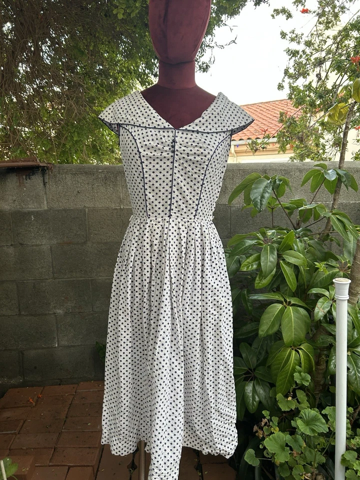 Vestido de Verano Koret of CA Vintage Algodón Seersucker Blanco Azul Polkadot Años 50 XS Foto 2 de 4