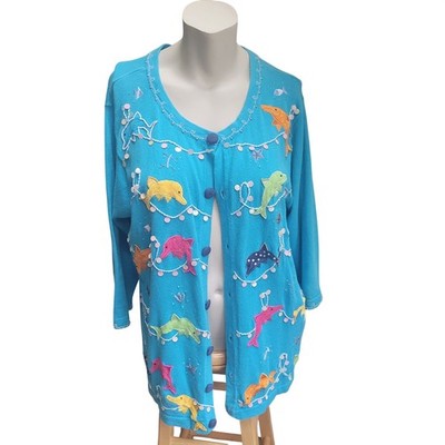 The Quacker Factory Dolphin Sweater Cardigan L Sequin Beaded