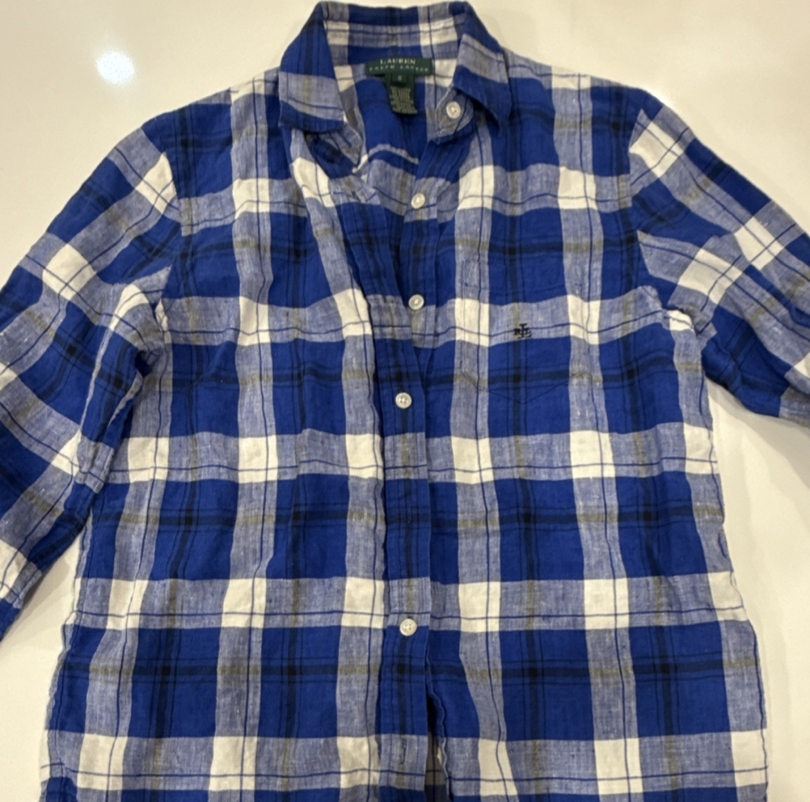 Lauren Ralph Lauren men’s Plaid Linen Button-Down Blue White Gray Long Sleeve S