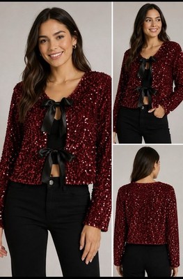NWT Vigoss Red Sequin Tie Front Cropped Jacket XL Holiday Glam Cardigan