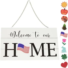 Door Sign Seasonal - Rustic Wood Door Hanging Holiday Sign - Welcome Sign for Fr