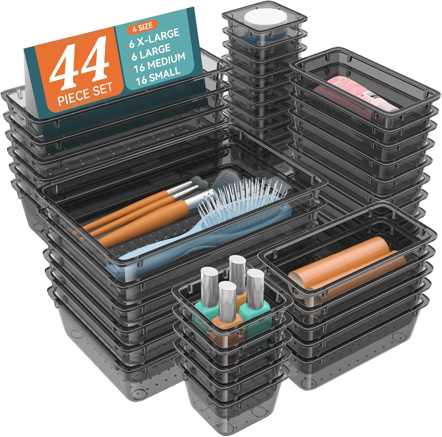 44-Piece Clear Plastic Drawer Organizer Set - 4 Sizes for Makeup Jewelry Office Supplies Storage