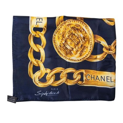 Chanel Gold Chain Medallion Silk Scarf Blue Carré 90 Vintage CC