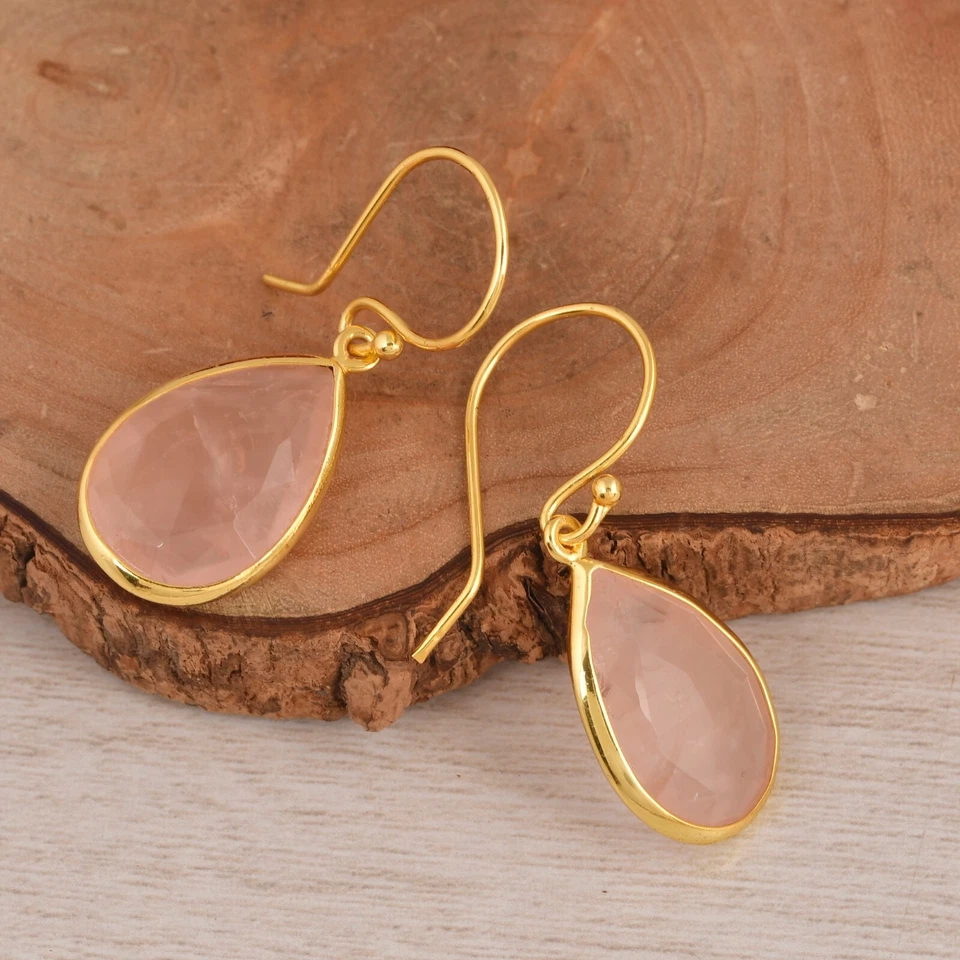 Pendientes colgantes de cuarzo rosa enchapados en oro de 18 quilates de plata de ley 925 joyería Foto 3 de 4