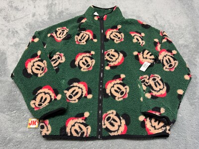 NEW Disney Jacket Adult Small Green Mickey Mouse Fleece Santa Christmas Full Zip