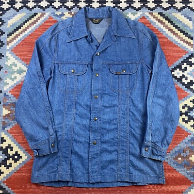 LEE DENIM SAFARI JACKET Vintage Blue MADE IN USA Union Tag 70s Wide Collar Mint