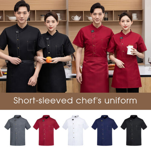 Unisex Short Sleeve Chef Coat Uniform Shirt Jacket/Apron Restaurant Kitchen Cook - Picture 1 of 23