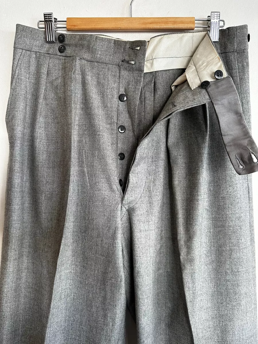 VINTAGE BUTTON FLY PURE WOOL DEADSTOCK 1940S LIGHT GREY PANTS 34 X