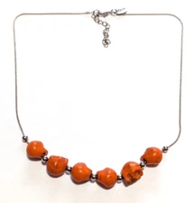 Zad Orange Dyed Howlite Stone Skull Charm Silver Tone Beaded Necklace 18"