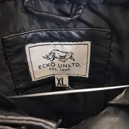 Ecko Unltd Jacket Mens XL Black Leather Look Full Zip Hood Biker Coat Y2K Retro - Picture 8 of 9