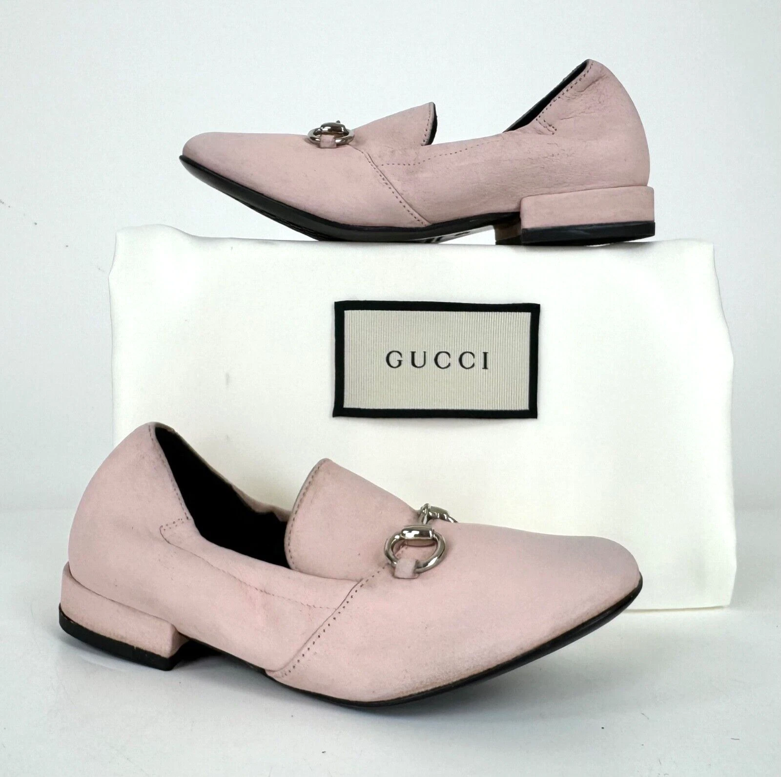 Chaussures ballerines Gucci Auth enfants 9,5 US 26 EU rose pâle en daim argent Horsebit