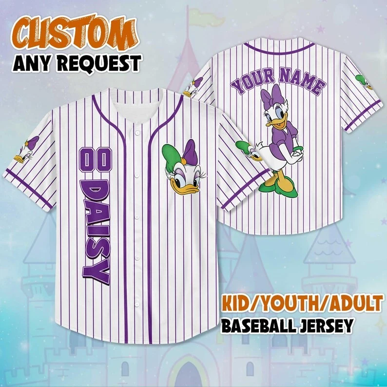 Personalized Lovely Daisy Duck Mardi Gras Purple White Baseball Jersey Shirt