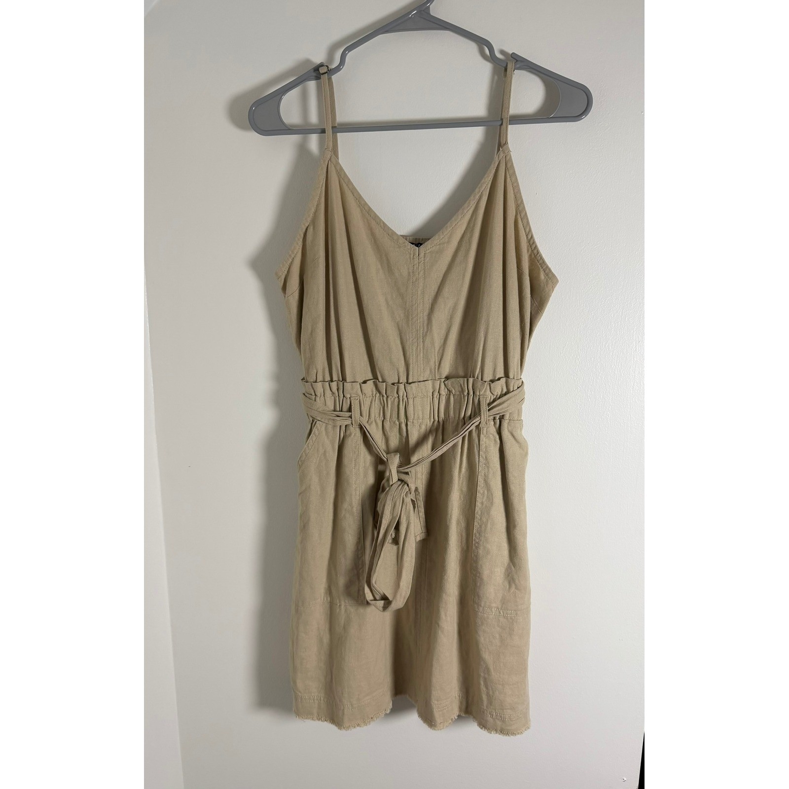 Splendid Tan Linen Blend Mini Dress Sleeveless Tie Waist Frayed Hem Womens