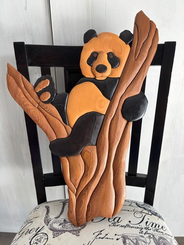 Vintage Handcrafted Intarsia Panda Bear Tree Art 22" 3D Wood Wall Hanging Decor