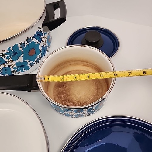 Vintage Farmhouse Enamelware Cook Set Floral Flower Blue 8 Piece Set Pots Pans - Picture 9 of 14