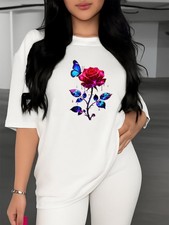 Women's Rose Butterfly T-Shirt Water Droplets Round Neck Casual Tops Blouse❀