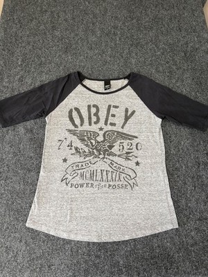Women's Obey Baseball-Style T-Shirt - 3/4 Sleeves - Gray - Size Small 