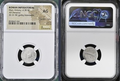Marc Antony Silver Denarius 30BC Genuine Legionary Roman Imperatorial NGC Graded