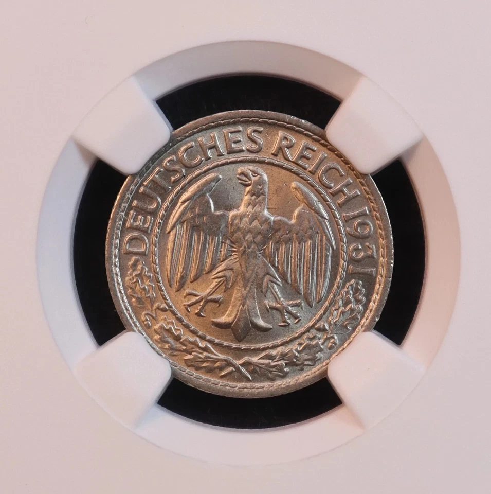 1931-D Germany, Weimar 50 Reichspfennig - NGC MS66! Rare Finest Known, Top POP! - Image 2 of 4