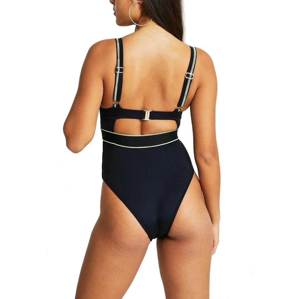 Traje de baño de una pieza River Island negro/lima con tiras cintura alta recorte EE. UU. 6 Foto 2 de 4