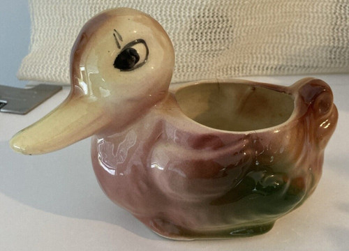 Vintage Retro Duck Planter Pot Glazed Porcelain Purple Yellow Green
