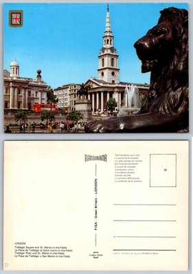 Trafalgar Square London Postcard St. Martin-in-the-Fields Lion Statue UK