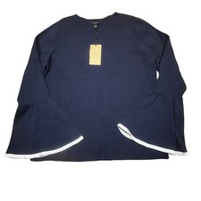NEW Halogen Womens XL Navy Bell Sleeve Blouse White Trim Bell Sleeve Top Modern