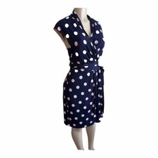 Eliza J.  Dress Size 10 Faux Wrap  Navy White Polka Dot Belted Sleeveless