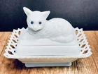 Vintage Westmoreland Milk Glass Cat On Lace Basket Dish Blue Glass Eyes 8”