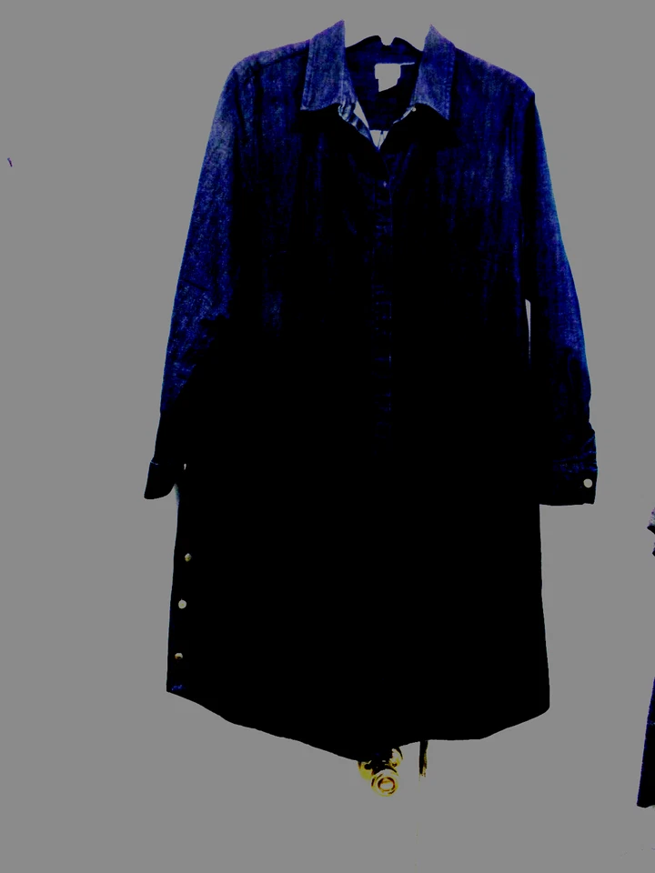 Chaqueta vaquera Chico's maxi longitud - Mujer Talla (2) LG azul oscuro, mezclilla, cierre de botones